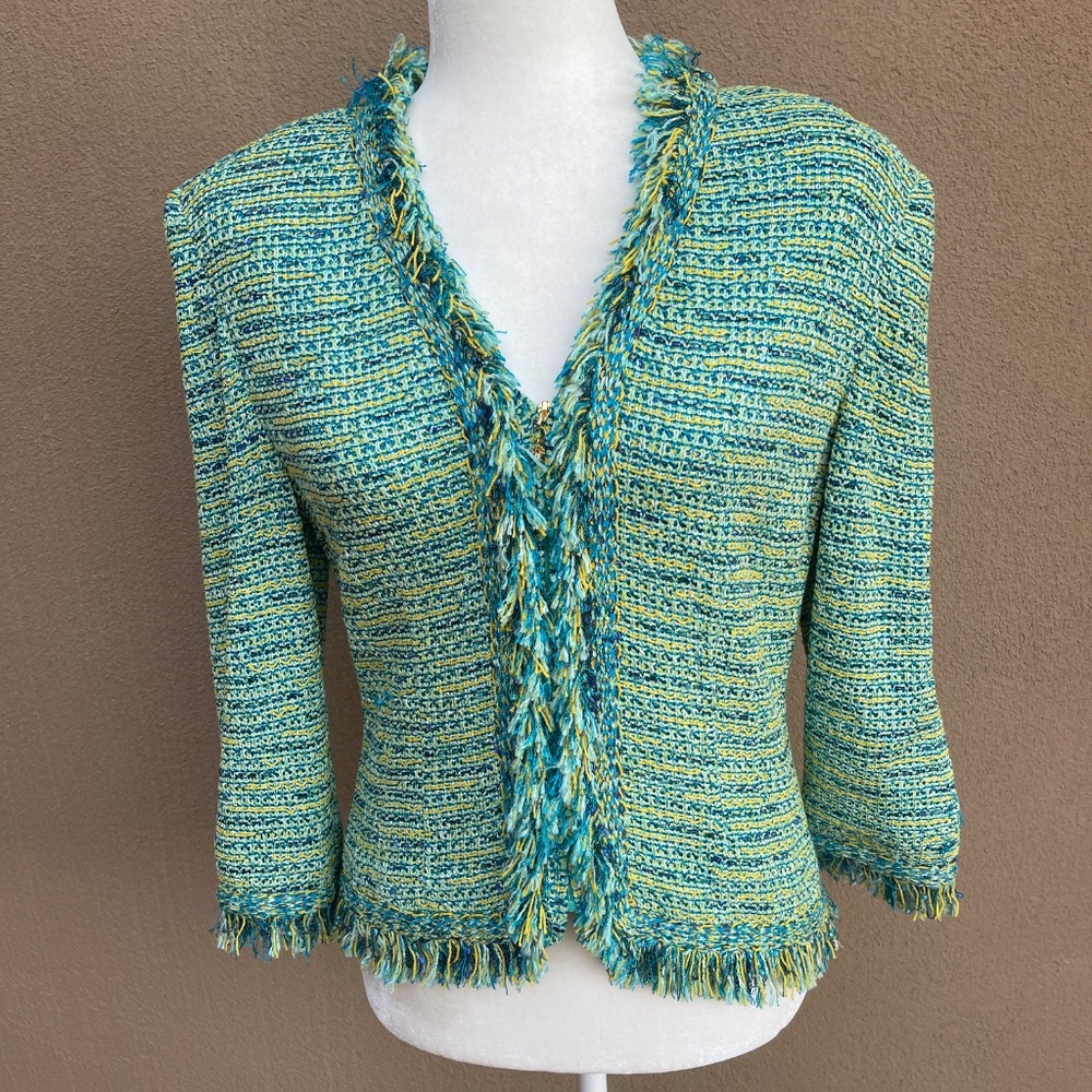 NEW! ST.JOHN COUTURE KNIT EYELASH-TRIMMED BLUE YELLOW JACKET Size 10 NWT!